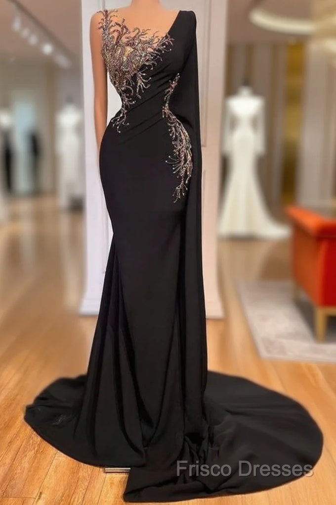 Elegant Long Black Mermaid Beading Lace Formal Prom Dress