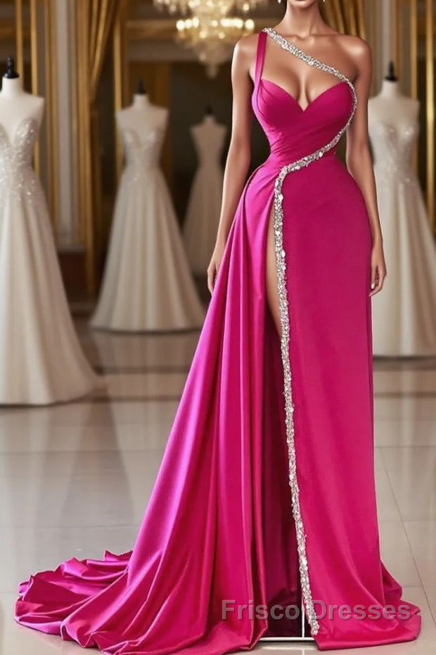 Elegant Long Fuchsia One Shoulder Jewels Sleeveless Formal Prom Dresses Long Slit Online Main image