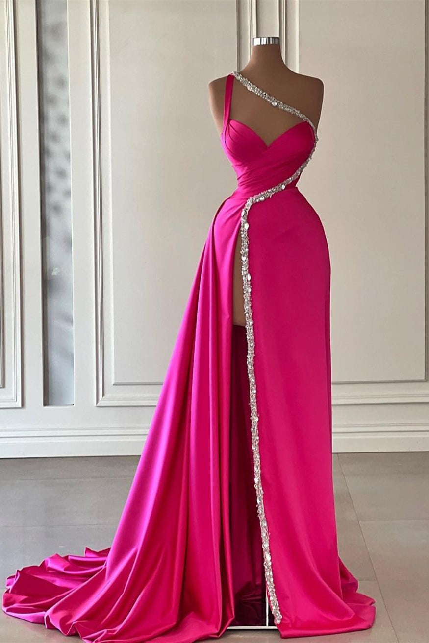Elegant Long Fuchsia One Shoulder Jewels Sleeveless Prom Dresses Long Slit Online Main image
