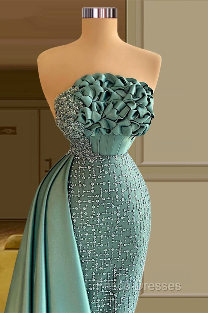 Elegant Long Green Mermaid Sleeveless Beading Formal Prom Dress With Ruffles Long
