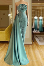 Elegant Long Green Mermaid Sleeveless Beading Formal Prom Dress With Ruffles Long