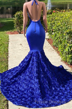 Elegant Long Mermaid Halter Satin Lace Backless Formal Prom Dress