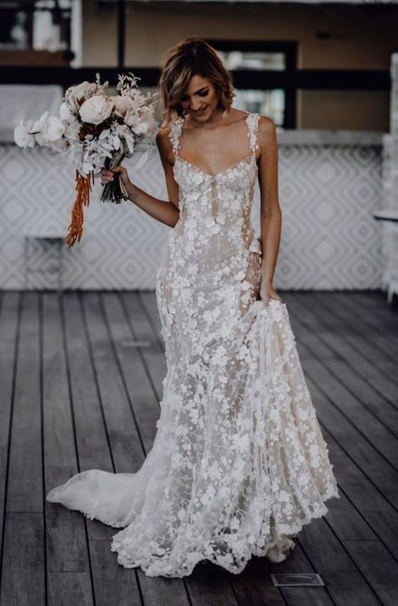 Elegant Long Mermaid Lace Applique Prom Dress Wedding Dress Evening Dress