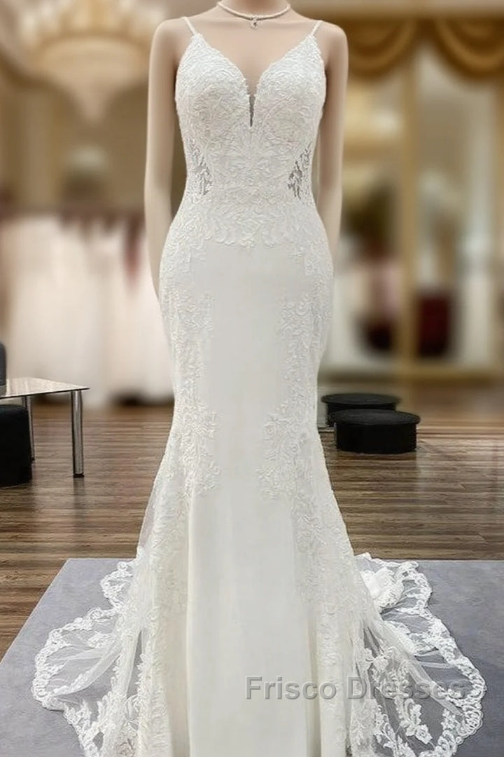 Elegant Long Mermaid Spaghetti Straps Lace Satin Open Back Wedding Dress