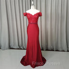 Elegant Long Mermaid Spandex Off Shoulder Party Dress, Wine Red Bridesmaid Dress