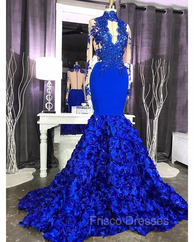 Elegant Long Sleeves Lace Appliques Formal Prom Party Gowns on Sale Fit and Flare Royal Blue Floral Formal Prom Party Gowns with Keyhole Secondary image