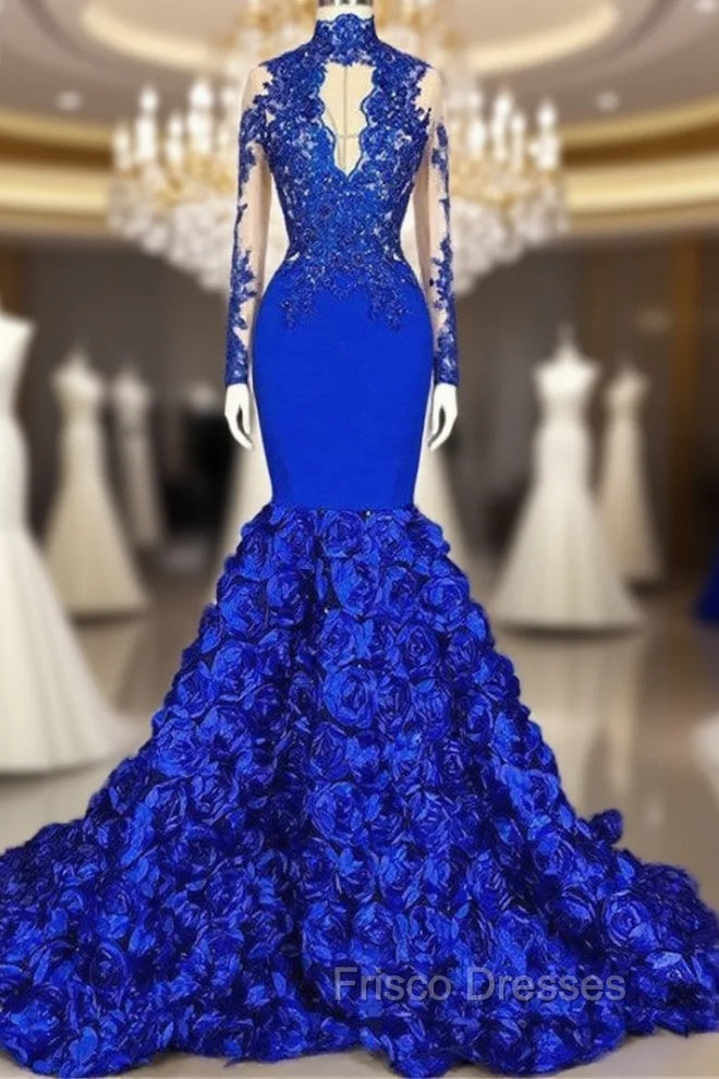 Elegant Long Sleeves Lace Appliques Formal Prom Party Gowns on Sale Fit and Flare Royal Blue Floral Formal Prom Party Gowns with Keyhole Main image