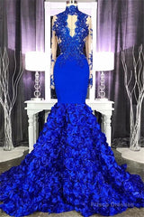 Elegant Long Sleeves Lace Appliques Prom Party Gowns on Sale Fit and Flare Royal Blue Floral Prom Party Gowns with Keyhole