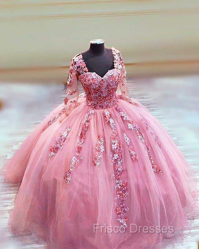 Elegant Long Sleeves Quinceanera Dress Ball Gown With 3D Flowers