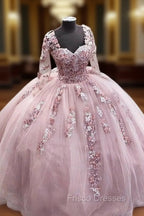 Elegant Long Sleeves Quinceanera Dress Ball Gown With 3D Flowers