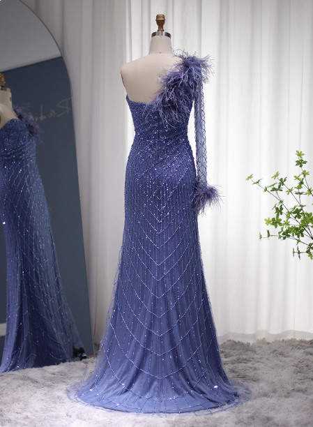 Elegant Mermaid Blue One-Shoulder Feather Beaded Tulle Long Prom Dress Evening Dress Secondary image