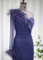 Elegant Mermaid Blue One-Shoulder Feather Beaded Tulle Long Prom Dress Evening Dress