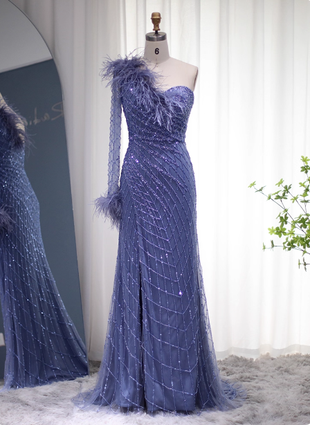 Elegant Mermaid Blue One-Shoulder Feather Beaded Tulle Long Prom Dress Evening Dress Main image