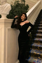 Elegant Mermaid High Neckline Black Velvet Prom Dresses Birthday Outfits Evening Gown