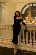 Elegant Mermaid High Neckline Black Velvet Prom Dresses Birthday Outfits Evening Gown