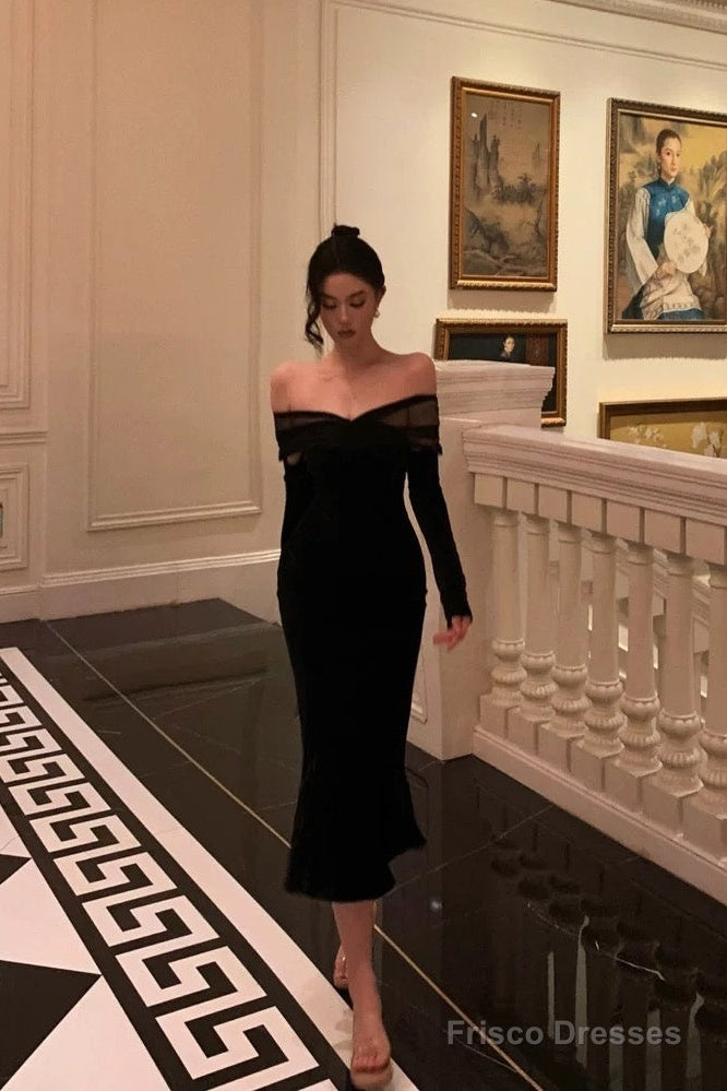 Elegant Mermaid Off The Shoulder Long Sleeves Black Prom Dresses Birthday Outfits Evening Gown