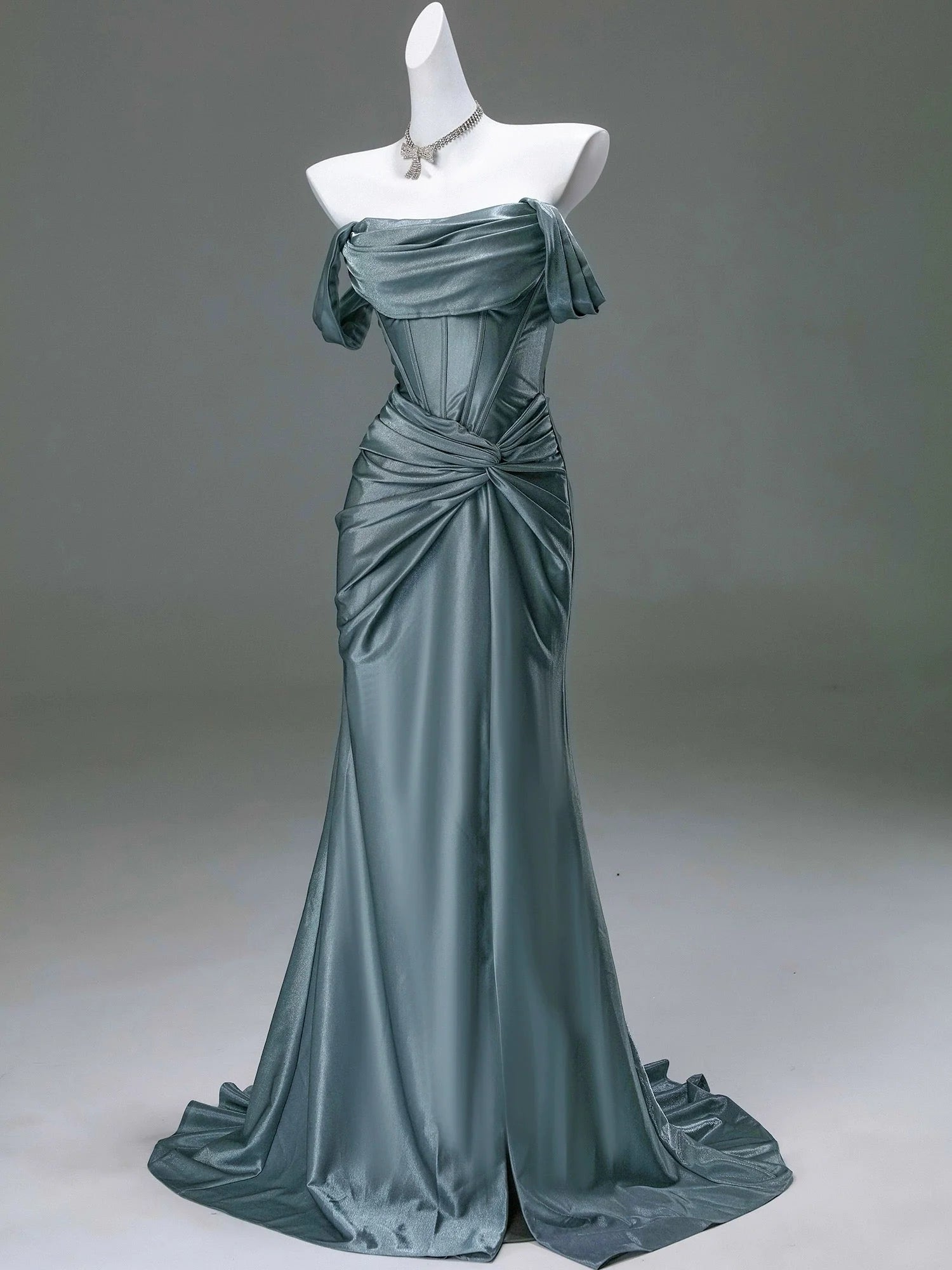 Elegant Pleated Satin Formal Mermaid Evening Dress,Fahsion Graudation Prom Dresses With Off-The-Shoulder Secondary image