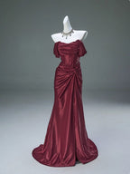 Elegant Pleated Satin Formal Mermaid Evening Dress,Fahsion Graudation Prom Dresses With Off-The-Shoulder