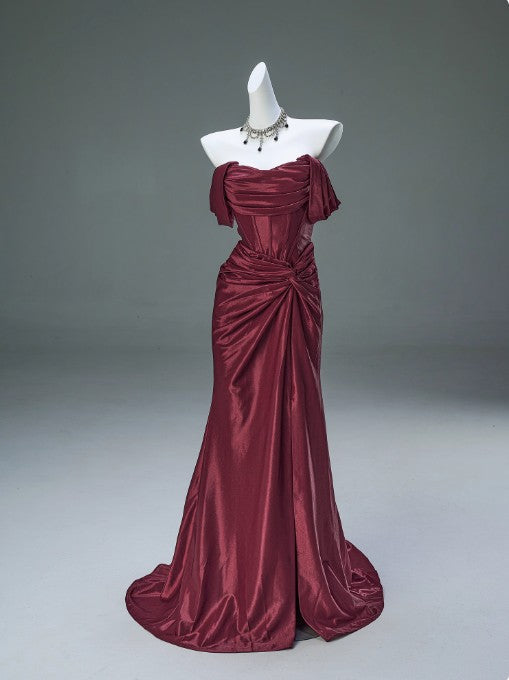Elegant Pleated Satin Formal Mermaid Evening Dress,Fahsion Graudation Prom Dresses With Off-The-Shoulder