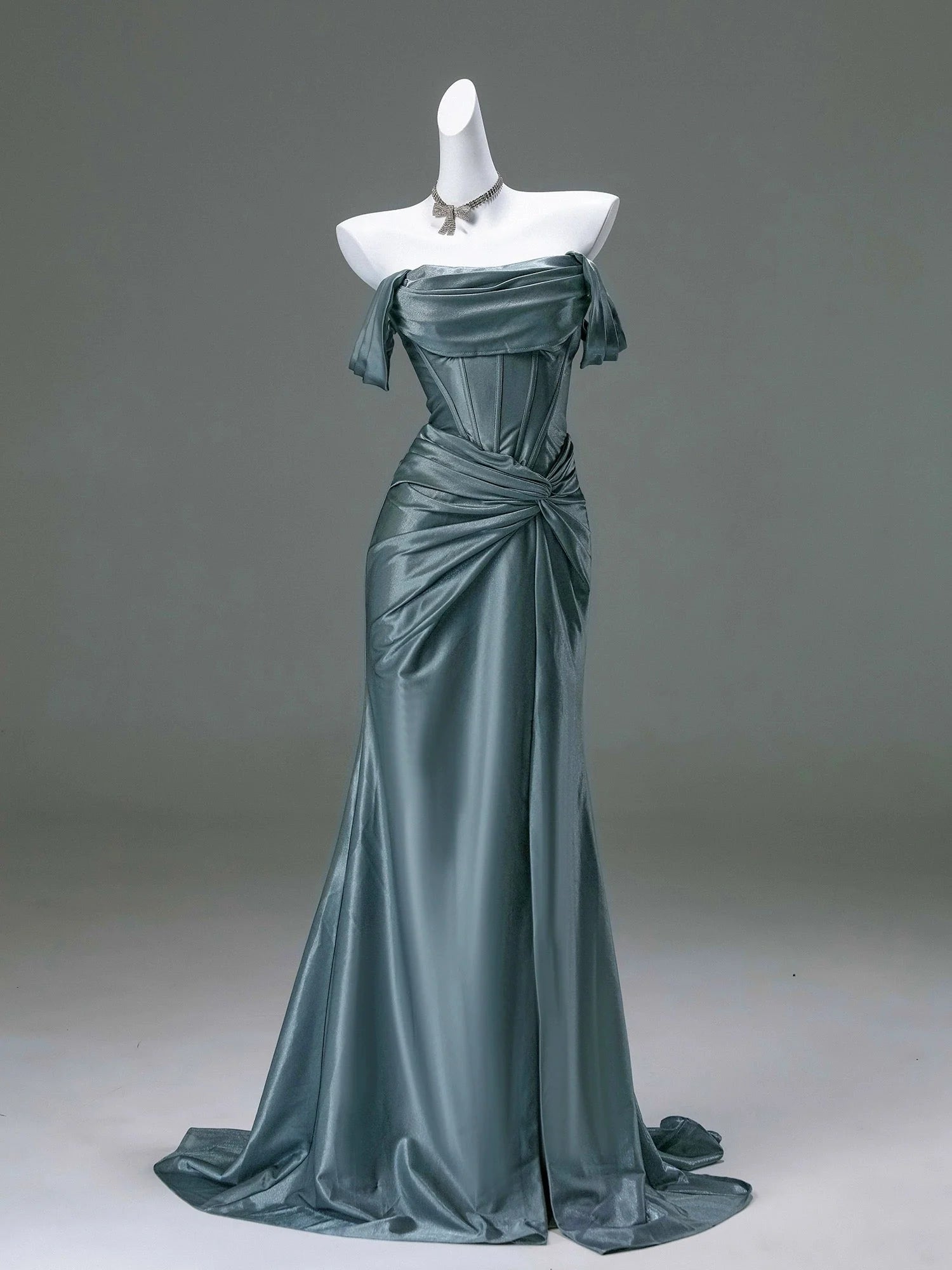 Elegant Pleated Satin Formal Mermaid Evening Dress,Fahsion Graudation Prom Dresses With Off-The-Shoulder Main image