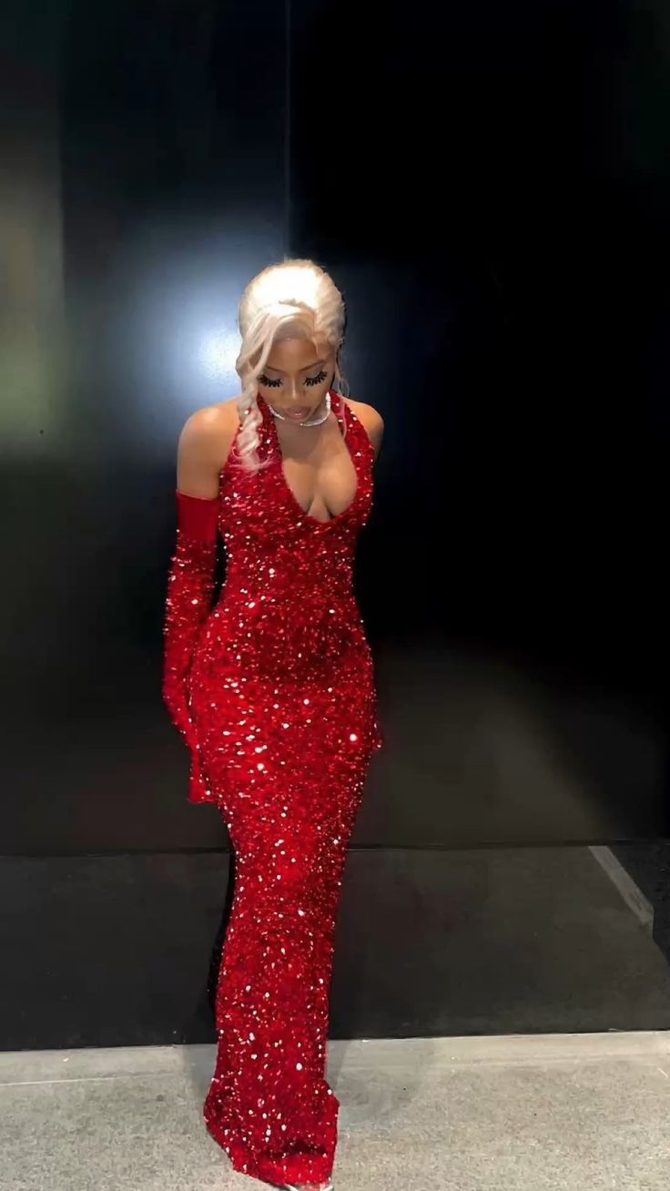 Elegant Mermaid Sequin Red Floor Length Black Girl Prom Dresses
