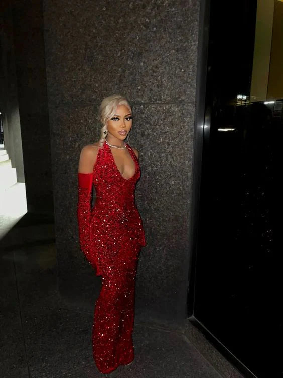 Elegant Mermaid Sequin Red Floor Length Black Girl Prom Dresses