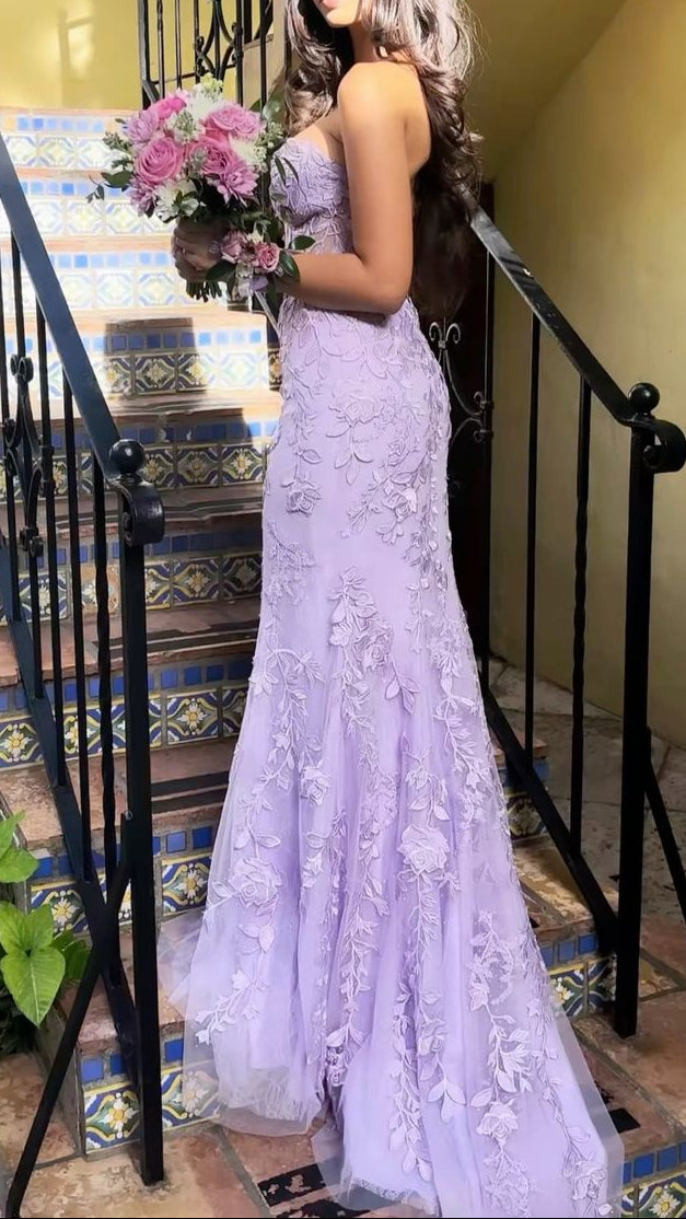 Elegant Mermaid Sleeveless Lace Lilac Evening Prom Dresses Long Prom Dresses Secondary image