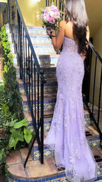 Elegant Mermaid Sleeveless Lace Lilac Evening Prom Dresses Long Prom Dresses
