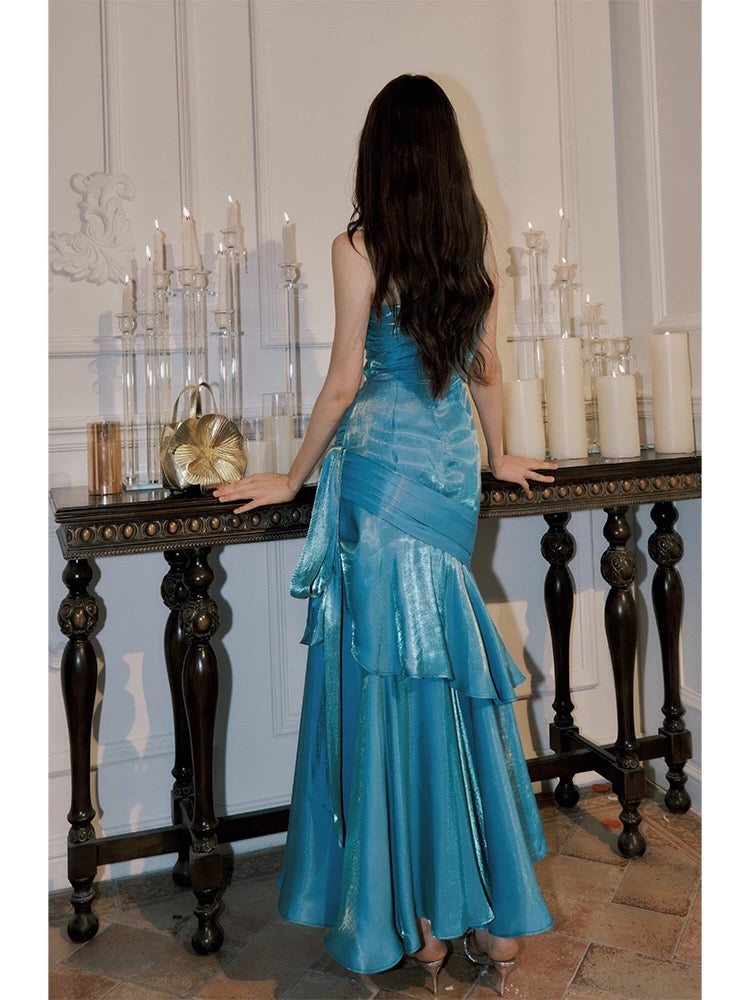 Elegant Mermaid Spaghetti Straps Blue Satin Long Prom Dresses Party Dress 21St Birthday Outfits Graduation Dresses