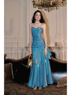 Elegant Mermaid Spaghetti Straps Blue Satin Long Prom Dresses Party Dress 21St Birthday Outfits Graduation Dresses