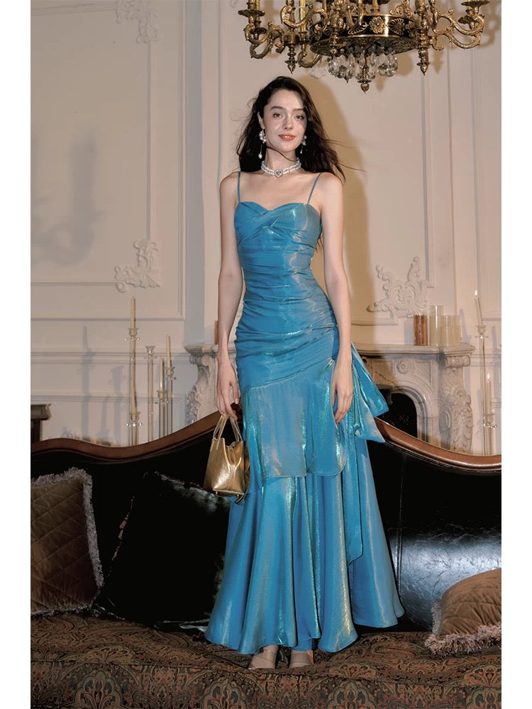 Elegant Mermaid Spaghetti Straps Blue Satin Long Prom Dresses Party Dress 21St Birthday Outfits Graduation Dresses