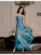 Elegant Mermaid Spaghetti Straps Blue Satin Long Prom Dresses Party Dress 21St Birthday Outfits Graduation Dresses