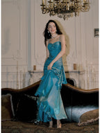 Elegant Mermaid Spaghetti Straps Blue Satin Long Prom Dresses Party Dress 21St Birthday Outfits Graduation Dresses