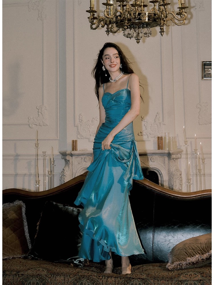 Elegant Mermaid Spaghetti Straps Blue Satin Long Prom Dresses Party Dress 21St Birthday Outfits Graduation Dresses