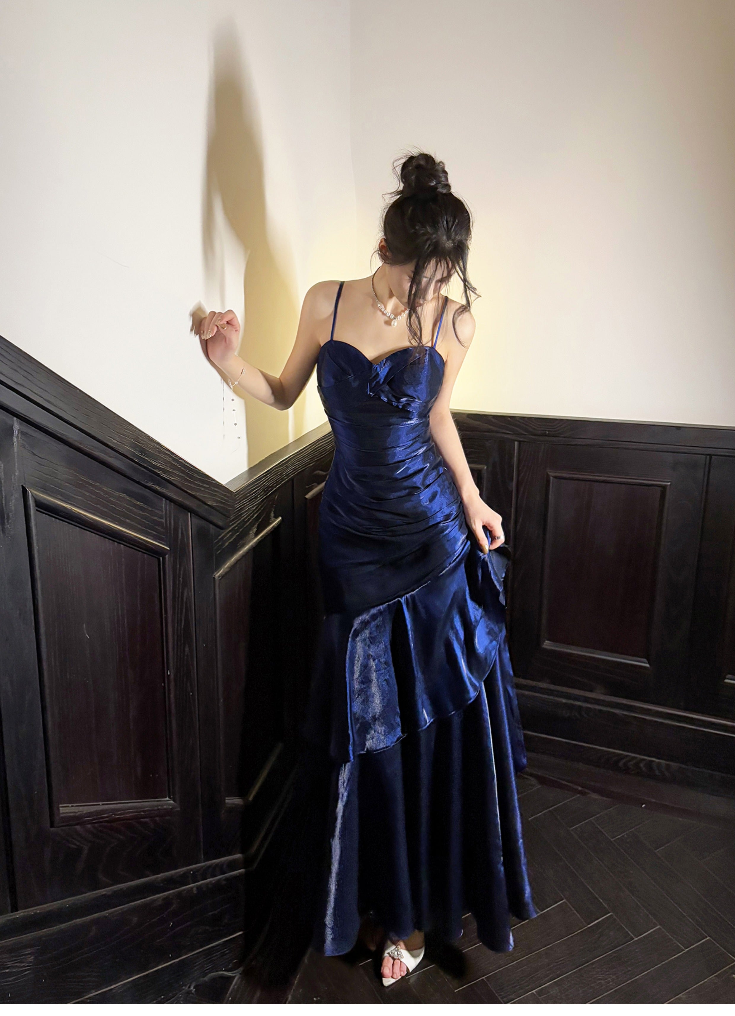 Elegant Mermaid Spaghetti Straps Blue Satin Long Prom Dresses Party Dress 21St Birthday Outfits Graduation Dresses