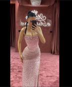 Elegant Mermaid Spaghetti Straps Pink Beads Sequin Slit Long Prom Dresses Formal Dress