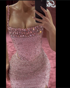 Elegant Mermaid Spaghetti Straps Pink Beads Sequin Slit Long Prom Dresses Formal Dress