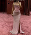 Elegant Mermaid Spaghetti Straps Pink Beads Sequin Slit Long Prom Dresses Formal Dress
