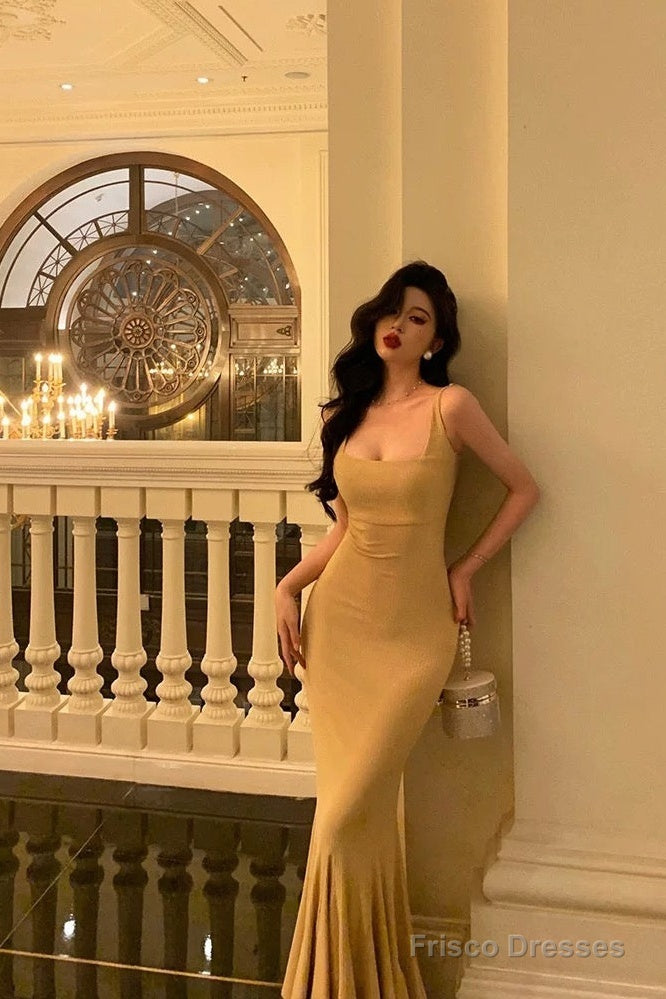 Elegant Mermaid Spaghetti Straps Yellow Long Prom Dresses Birthday Outfits Evening Gown