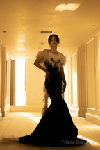 Elegant Mermaid Strapless Black Velvet Prom Dresses Long Formal Dress