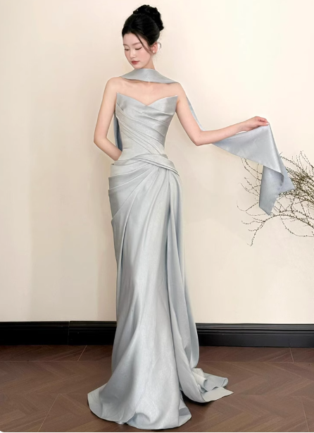 Elegant Mermaid Strapless Ruffled Satin Train Prom Dress Evening Dress Secondary image