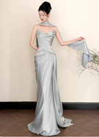 Elegant Mermaid Strapless Ruffled Satin Train Prom Dress Evening Dress