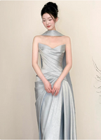 Elegant Mermaid Strapless Ruffled Satin Train Prom Dress Evening Dress