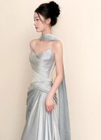 Elegant Mermaid Strapless Ruffled Satin Train Prom Dress Evening Dress