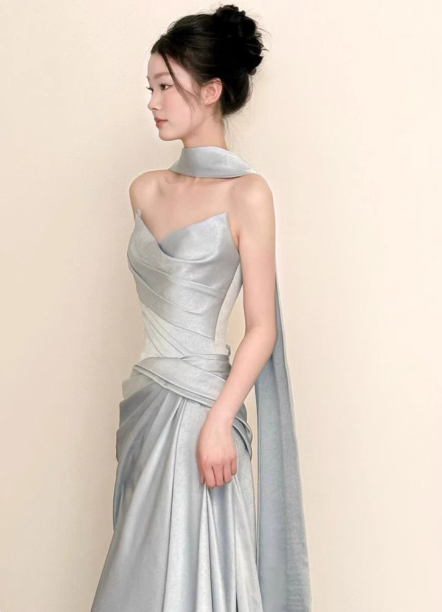 Elegant Mermaid Strapless Ruffled Satin Train Prom Dress Evening Dress