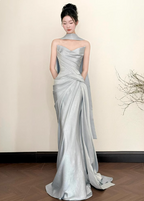 Elegant Mermaid Strapless Ruffled Satin Train Prom Dress Evening Dress