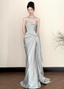 Elegant Mermaid Strapless Ruffled Satin Train Prom Dress Evening Dress