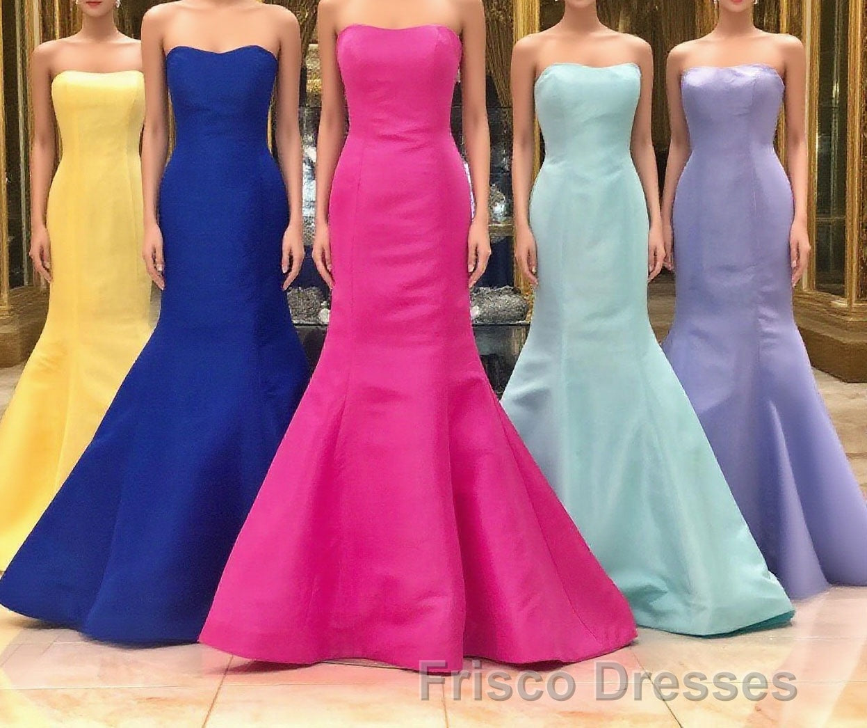 Elegant Mermaid Yellow Strapless Satin Long Formal Prom Evening Dress Classy