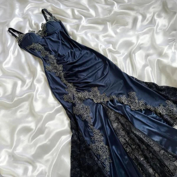Elegant Navy Blue Spaghetti Straps Mermaid Satin Appliques Prom Dresses Party Dresses Secondary image