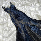 Elegant Navy Blue Spaghetti Straps Mermaid Satin Appliques Prom Dresses Party Dresses